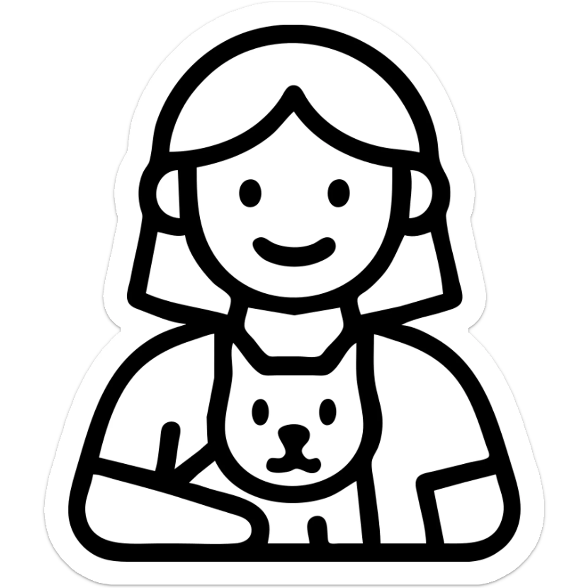 minimal flat color icon style of a white-skinned girl with brown hair holding a black and white cat, simple lines, modern vector illustration sticker