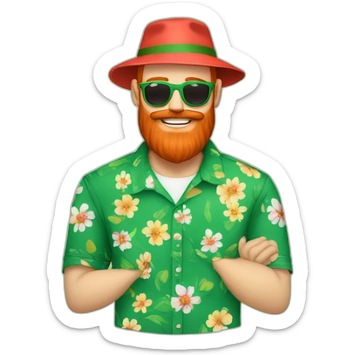 bright red beard wearing a floral shirt and wearing green sunglasses and a bucket hat giving someone a hug sticker