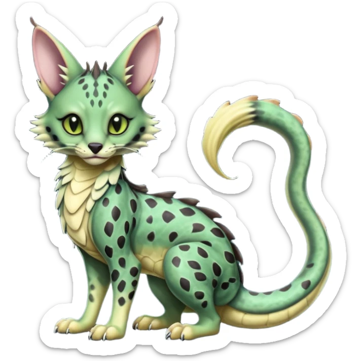 Realistic cool badass swampy greenish dark edgy spooky Flurry furry scary slimy oily glossy wet gloomy dusky scaly sergal-serval-possum-sphynx-Koi-sergal-fusion-animal-hybrid-creature with a snake-tail sticker