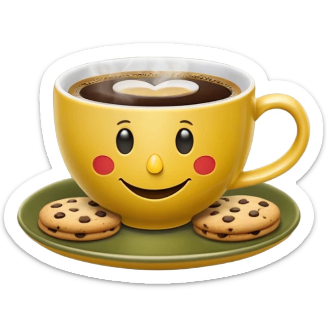 A cup of coffee, steaming, the smoke is heart-shaped, the cup is mustard yellow, the cup has a happy face printed on it, the cup sits on an olive green saucer, and there are cookies around the cup. sticker