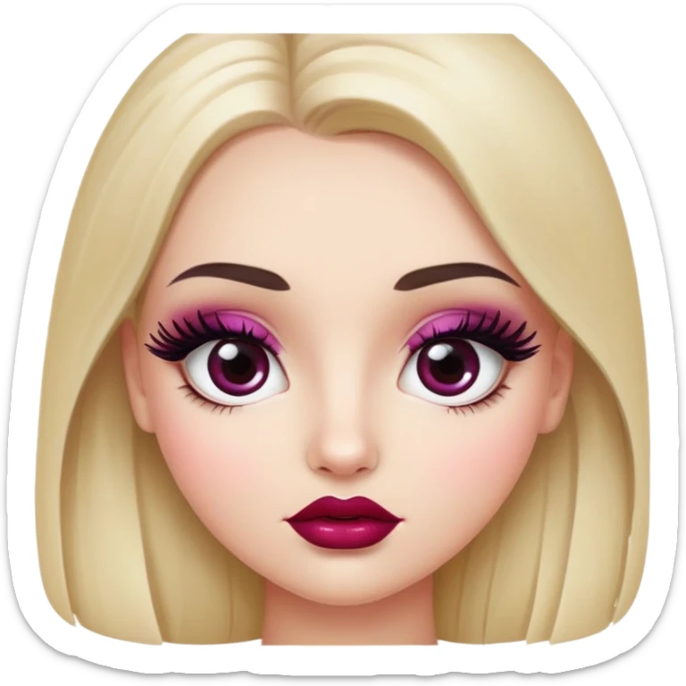 White girl with oval face, huge round black eyes, big eyelashes, berry colored lips, shiny full lips, face closeup, long straight middle-parted hair sticker