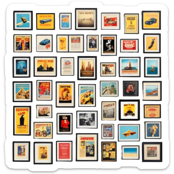Icon for Photograph and Poster Collecting: a collection of photographs and movie posters, neatly displayed on a wall or in frames. The icon should evoke the nostalgia and artistic value of collecting rare images and posters. Transparent background. sticker