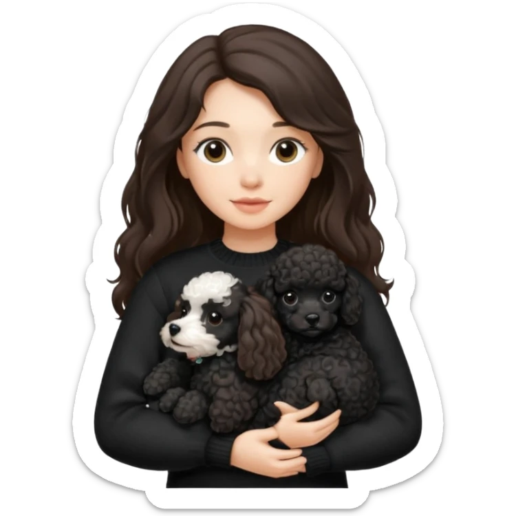 One Brunette girl with long hair in a black sweater holds a single black Poodle puppy in her arms sticker