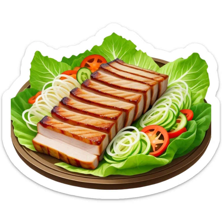 Samgyeopsal Cinematic Realistic Samgyeopsal Dish Emoji, depicted as slices of grilled pork belly served in crisp lettuce leaves with assorted fresh vegetables, rendered with dynamic textures and appetizing, natural lighting. sticker