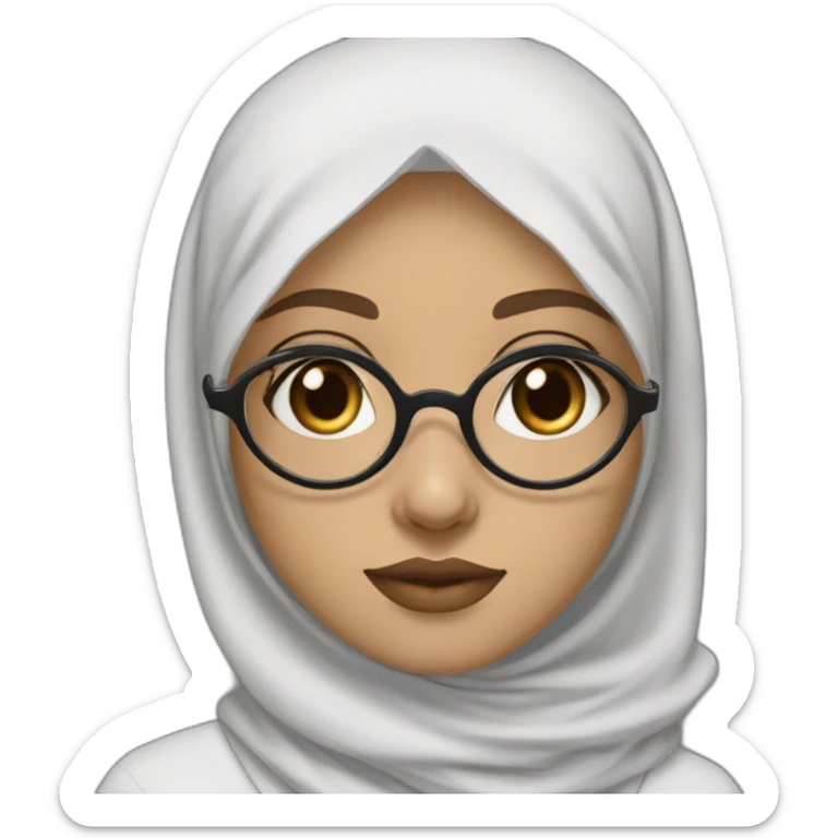 Hijab black color white fair skin girl brown eyes wearing round circular metal glasses, no make up, big cheeks, almond eyes, small lips, triangle nose sticker