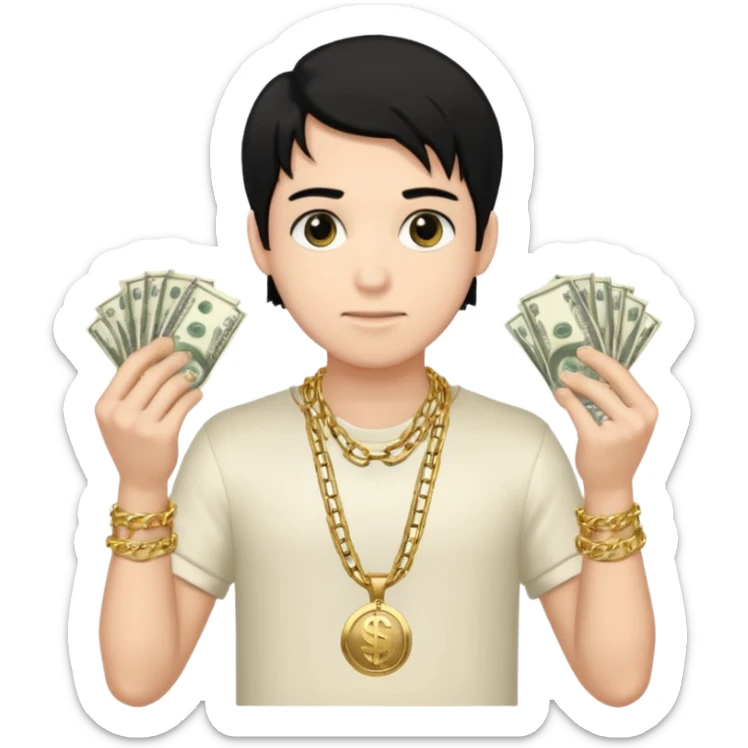 Has un chico con mucha plata en sus manos y en su alrededor, Con una chain que diga "JovenBallin" y que tenga pelo negro y sea piel blanca sticker