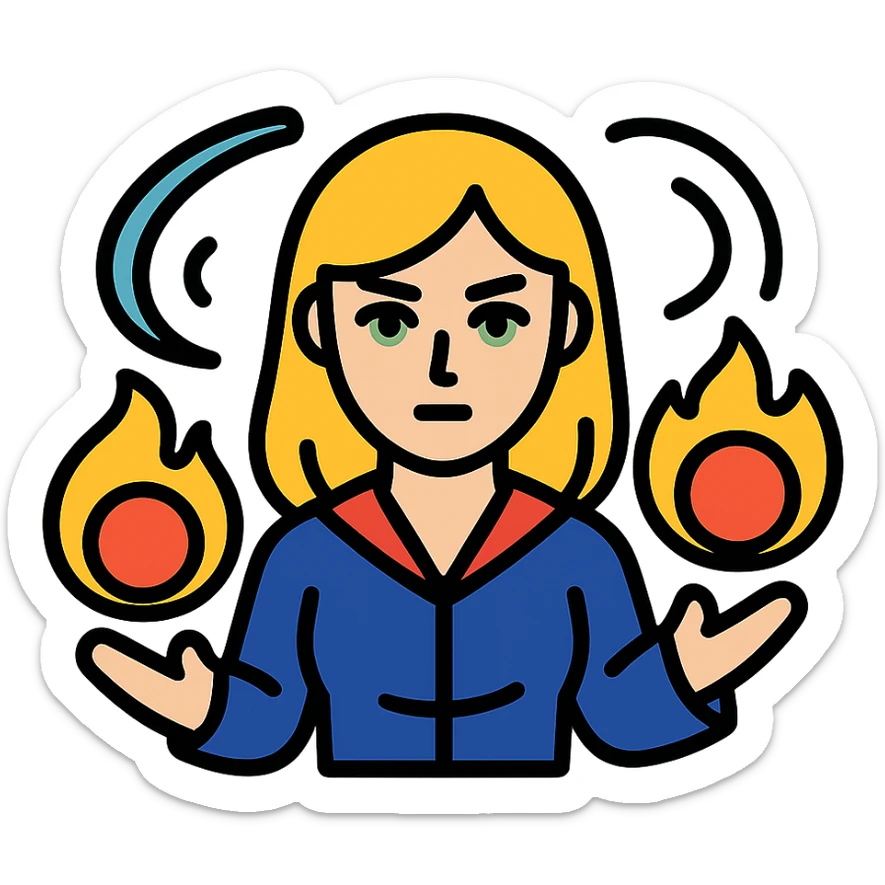 blonde woman with green eyes casting fireballs with magical energy swirling around her, color outline icon style sticker