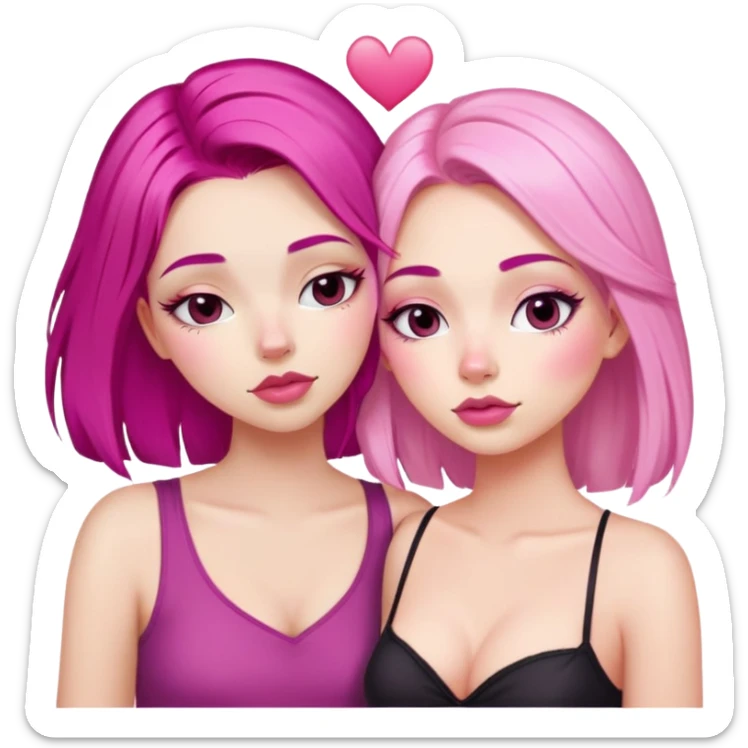 gorgeous pale girl with magenta pink hair latina makeup next to a gorgeous blonde girl with a light pink heart above them in between eyes closed making duck lips faces sticker