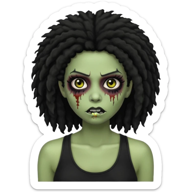 a female zombie with sage green skin, black long afro hair, eyelashes and a black tank top in apple emoji style sticker