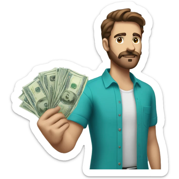 a guy in a teal blue shirt, brown hair, normal beard, brown eyes, normal moustache, and is holding money sticker