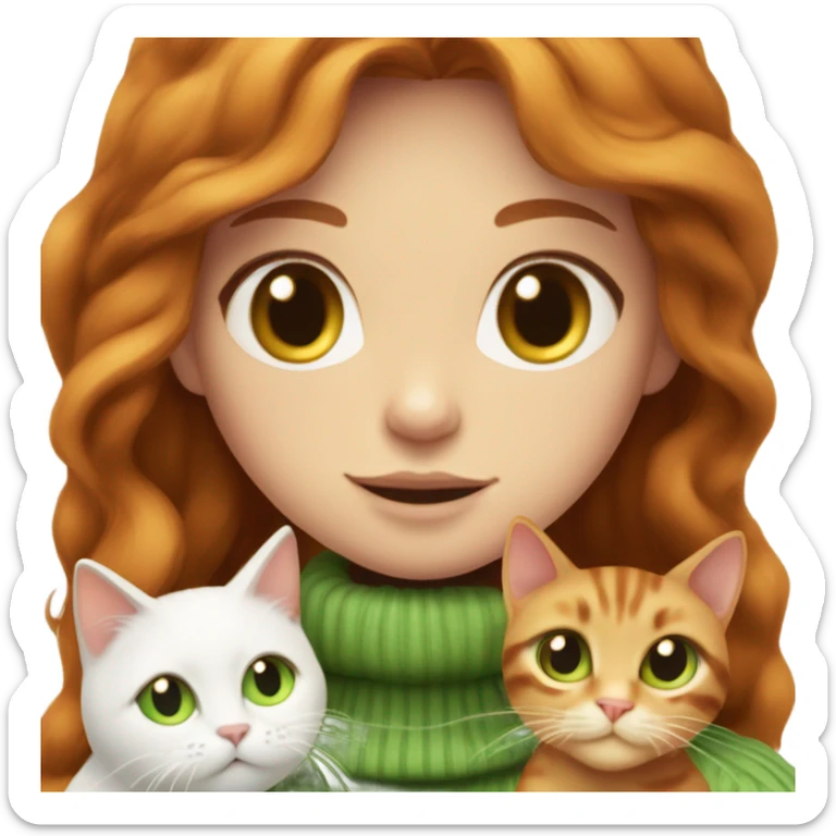 ginger girl with wavy long hair and green eyes in turtle neck white sweater cuddling with a brown cat sticker