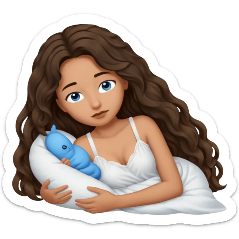 Girl with olive skin, blue eyes, brown dark insanely wavy long hair, white camisole asleep  sticker