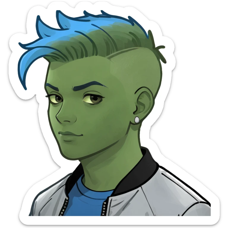 Young adult male wearing a blue flashy pants blue t shirt silver bomber jacket blue undercut haircut sticker