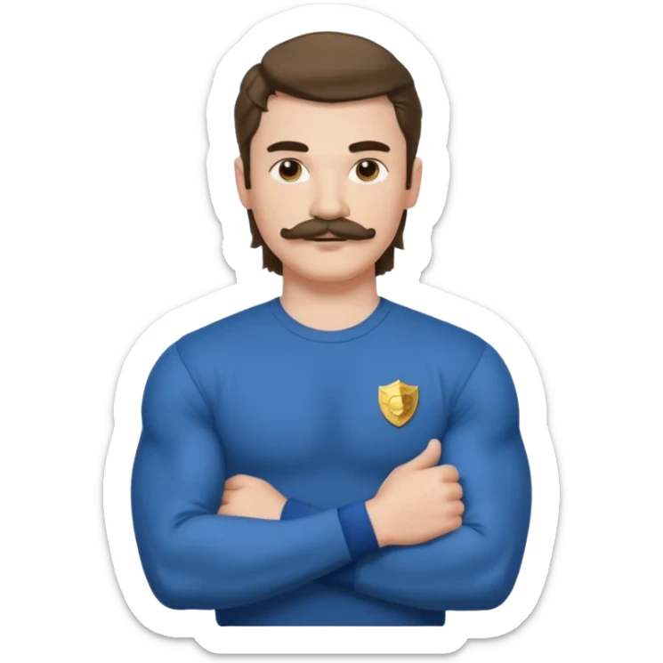 generate an ios genmoji of a 20 year old boy with shoulder length hair and a mullet. cop mustache. BIG biceps and wearing a full sleeve tshirt that fits his biceps sticker
