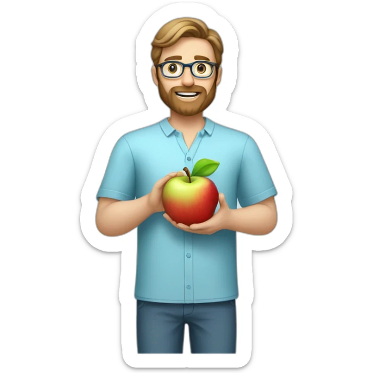 A male nutritionist with a full beard and dark blonde hair and white skin, with glasses, holding an apple in his hand. Who has a light blue shirt on sticker