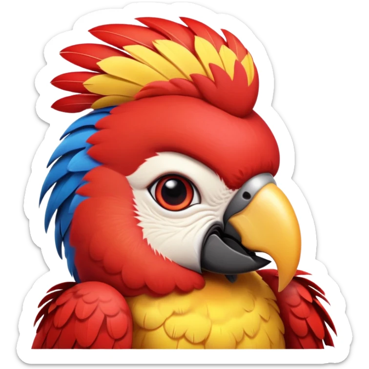 cinematic-cute-macaw-portrait-emoji,-head-tilted-playfully-and-inquisitively,-with-a-dazzling-red-plumage-and-round,-sparkling-eyes-filled-with-charm,-simplified-yet-irresistibly-adorable-features,-highly-detailed, white beak sticker