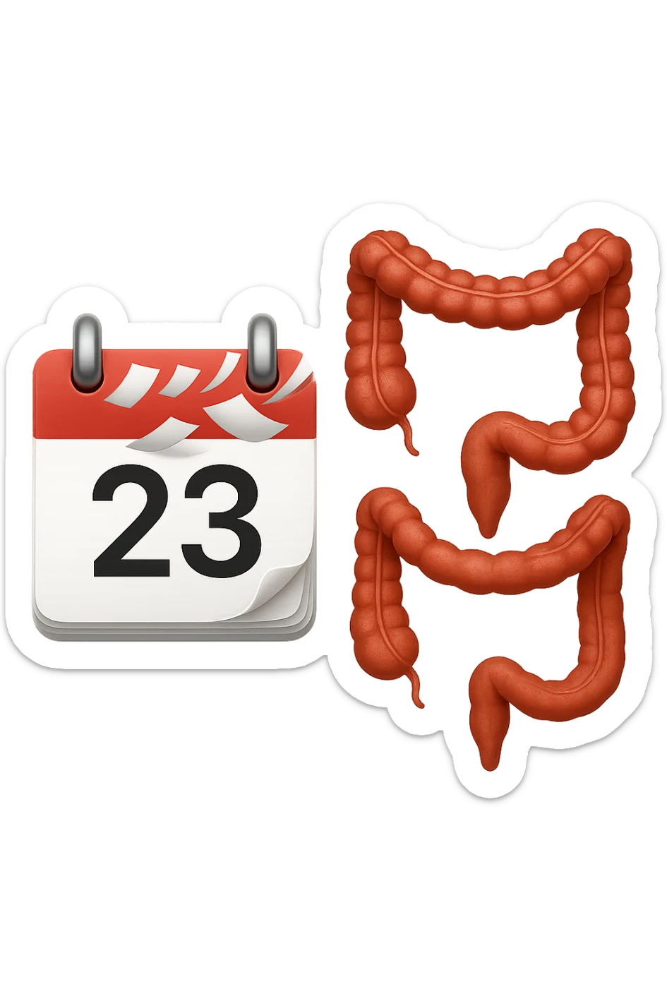 emoji stile iphone di un calendario con fogli che volano insieme a pezzi anatomici di colon umano, iperrealistico 4k, isolato su sfondo bianco sticker