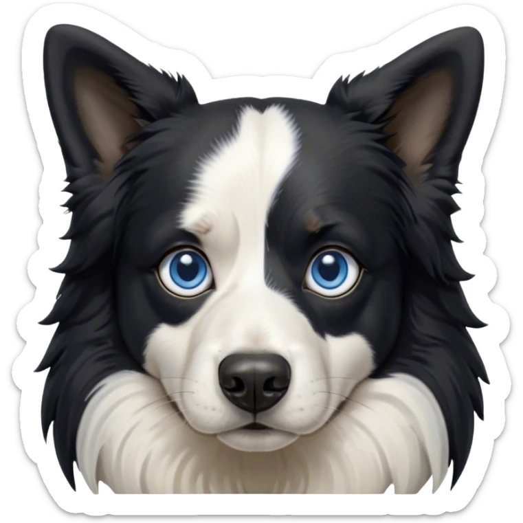 Cinematic Meme-Worthy Grumpy Black and White Border Collie Portrait Emoji, Head held high but eyes filled with dramatic disappointment, smooth black and white fur with a deeply furrowed brow forming an unmistakable scowl, floppy ears slightly angled back in disapproval, piercing blue eyes glaring with pure exasperation, Simplified yet hilariously over-exaggerated features, highly detailed, glowing with an aura of supreme annoyance, high shine, exhausted yet judgmental, stylized with an almost regal pettiness, bright but brooding, soft glowing outline, capturing the essence of a herder that has seen it all and is thoroughly unimpressed, so meme-worthy it feels like it could instantly become the next viral sensation of grumpiness! sticker