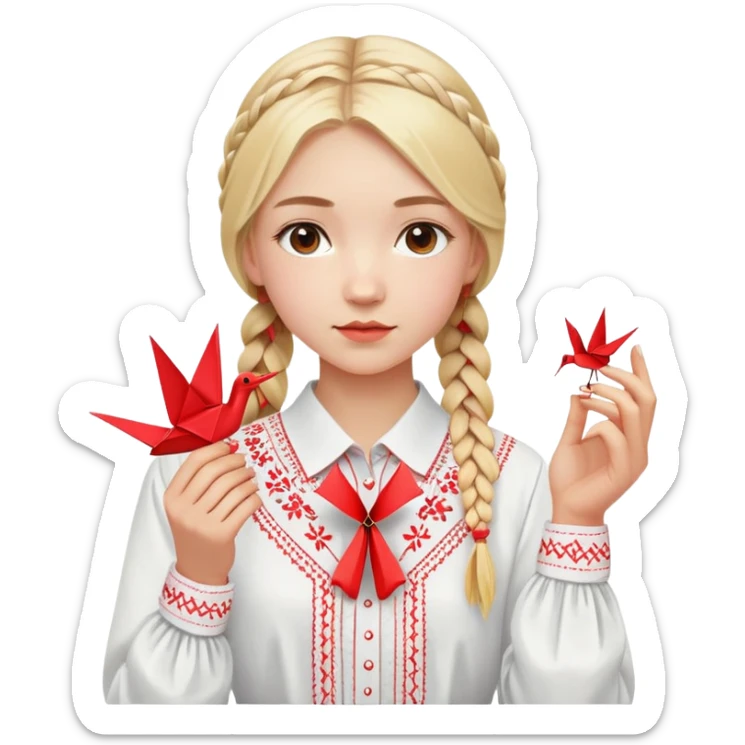 Ukrainian young girl with blonde braided hair wearing a white traditional embroidered shirt (vyshyvanka) holding a red origami paper crane in her hands sticker