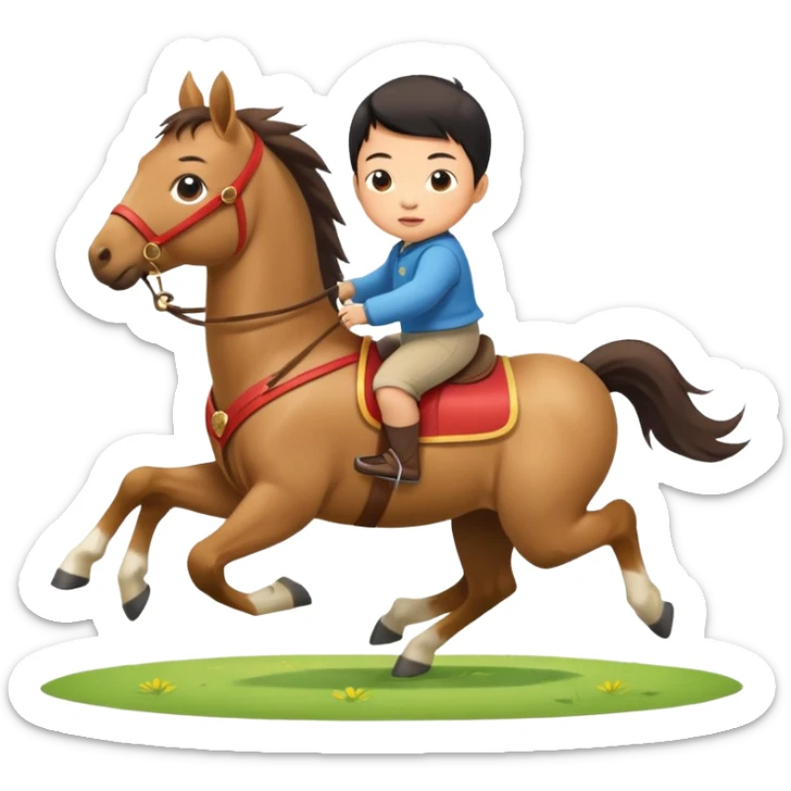 l little chinese baby riding on a  cute horse running really fast on the grass with 2026 year's label sticker