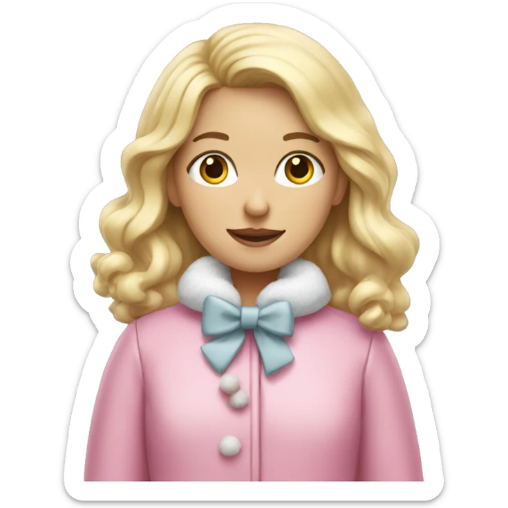 A blonde girl with a pink winter coat, white mittens, and a bow  sticker