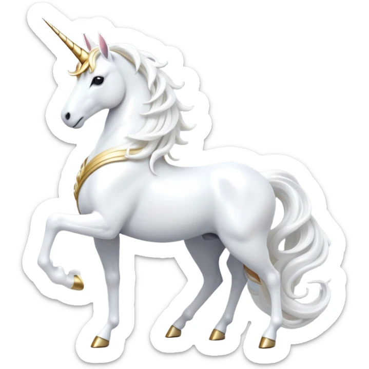 cinematic-beautiful-white-unicorn-full body-emoji,-poised-and-regal,-with-a-slender,-ethereal-form-draped-in-a-pristine-white-color,-a-flowing-mane-and-tail,-and-a-glistening,-spiraled-horn-that-radiates-pure-light,-simplified-yet-sharp-and-majestic, zoomed out to show a majestic unicorn sticker