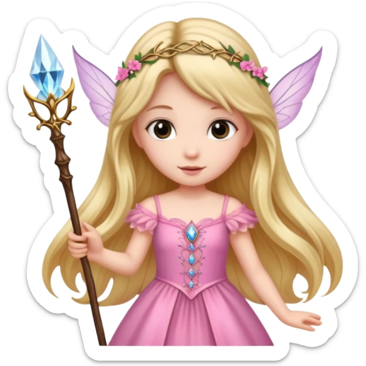 long haired fairy with small eyes, pink dress and a wand sticker