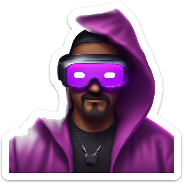 Big Lebowski wearing a black hoodie with "OMG" letters on it and VR headset oculus quest 2 in a cyberpunk VR environment with violet neon lighting. sticker