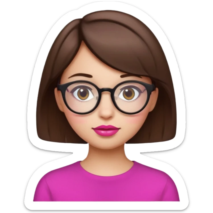 short brown hair girl with round glasses and pink lips, emoji style sticker