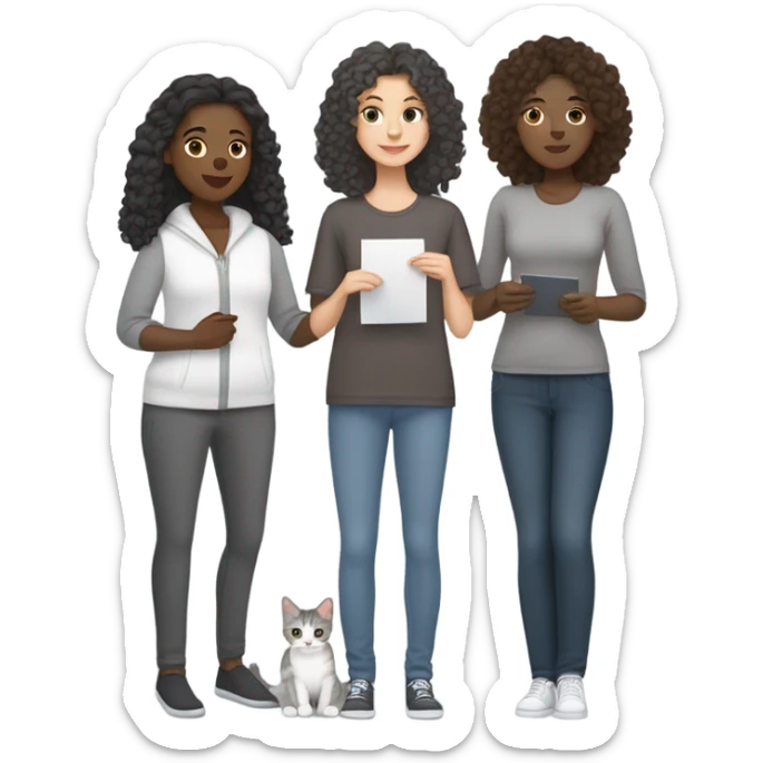 one white skinned woman with straight dark brown hair holding a grey tabby cat and one white skinned woman with curly long dark hair holding a dark grey cat sticker