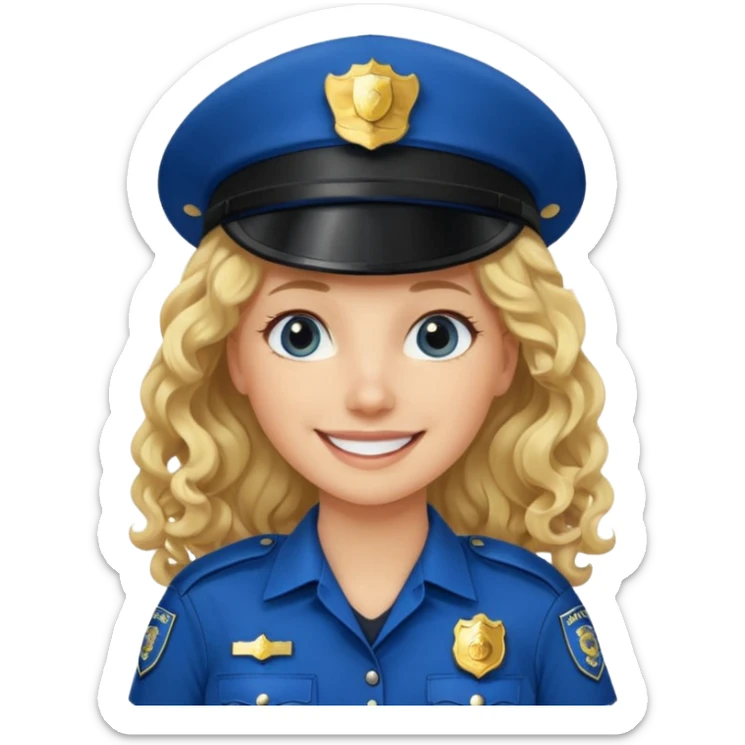 Female POLICE IN blue, long blonde curly hair, happy smile sticker