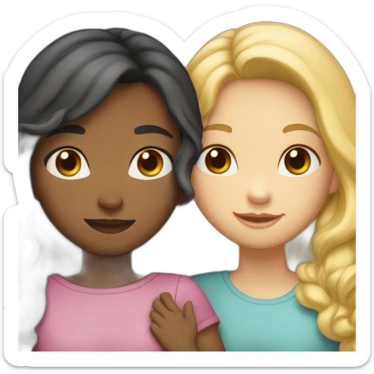Two Girls are hugging each other. One girl has blond hair and Light eyes and the second girl has dark hair and dark eyes sticker