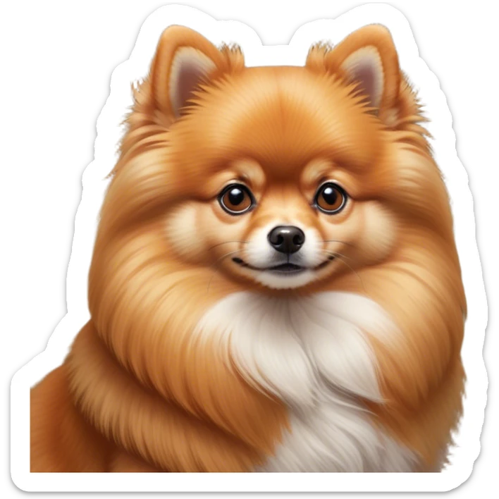 Cinematic Noble Orange Pomeranian Portrait Emoji, Poised and regal, with a compact, fluffy build and a well-groomed, vibrant orange Fur, deep-set soulful brown eyes, Simplified yet sharp and sophisticated features, highly detailed, glowing with a soft, dignified glow, high shine, intelligent and spirited, stylized with an air of elegance, focused and attentive, soft glowing outline, capturing the essence of a watchful and confident companion, so majestic it feels as though it could prance out of the screen with effortless authority! sticker