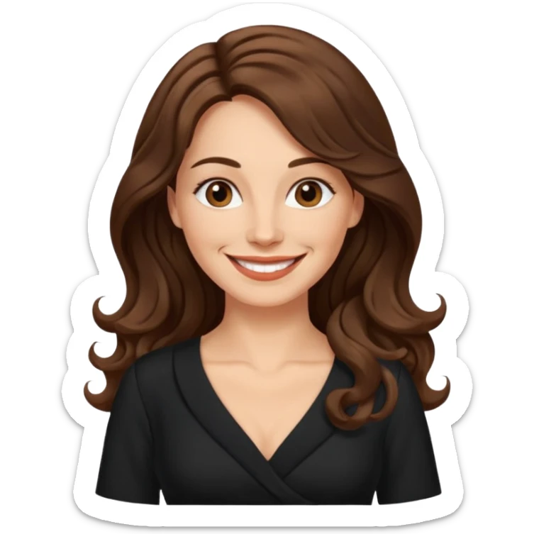 40 yr croatian woman, long wavy brown hair, big smile, side part, black dress
 sticker