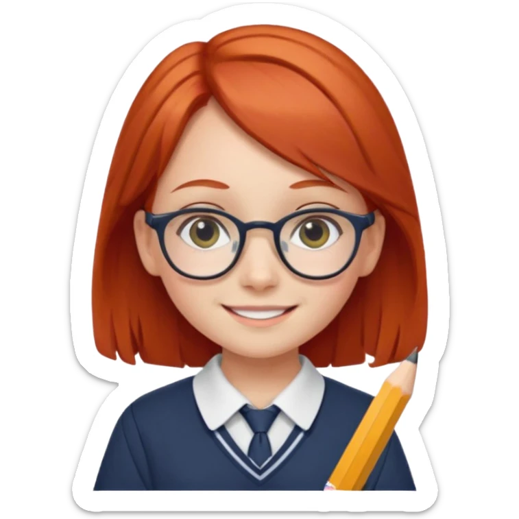 red long hair girl kid with glasses → holding a pencil with school uniform sticker