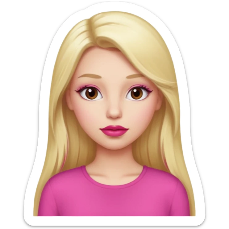 a girl with long eyelashes a pink outfit, long blonde hair, and big lips with red lipstick sticker