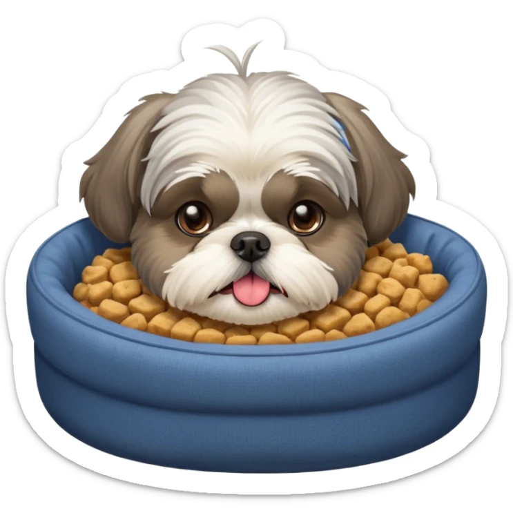 old grey shih tzu in dog bed with bowl of food tongue hanging out sticker