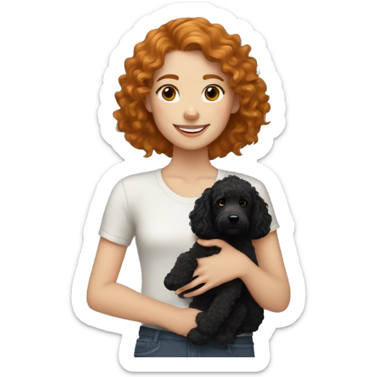 Caucasian girl with freckles and wavy ginger hair holding black goldendoodle sticker