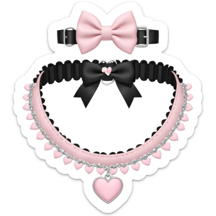 Pastel-baby-rose-pink Lolita-styled aesthetic cute kawaii choker-collar-necklace adorned with with white frills, roses, hearts, bow tie, silver chains,  sticker