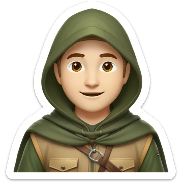 Clash of Clans aesthetic Cheerful Ranger Portrait Emoji, With a bright, confident expression and an alert, relaxed stance, showcasing a streamlined, rugged build in natural tones with a hood and cloak blending with the forest, his face in natural skin tone, Simplified yet expressive features, highly detailed, glowing with a soft, luminous woodland radiance, high shine, upbeat and brave, stylized with an air of classic forest heroism, soft glowing outline, capturing the essence of a cheerful ranger ready to embark on epic woodland quests! sticker
