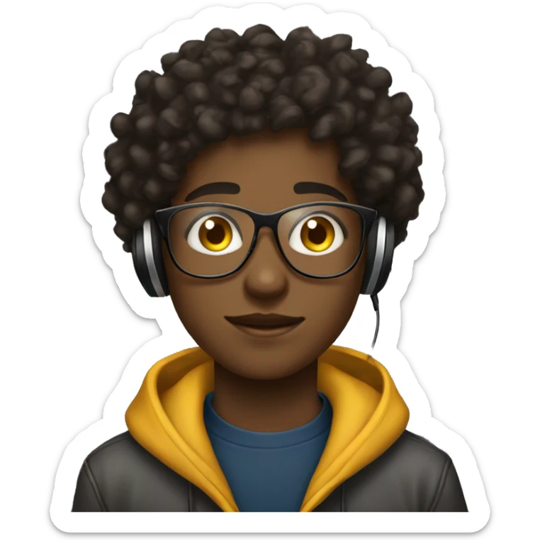 black teen boy whit curly hair and neck chain and glasess and headphones he is 13  sticker