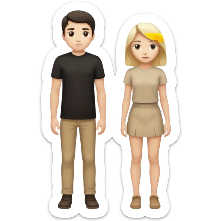 full-body portrait of a young man with short dark hair in a black shirt and a young woman with long blonde hair in a beige shirt, standing together sticker