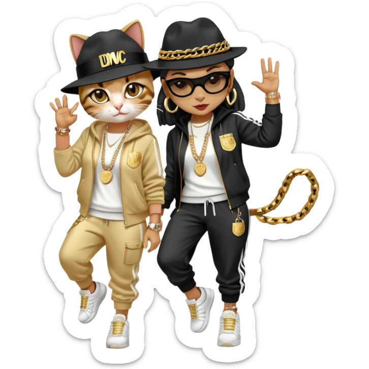 female cat wearing Run DMC hip-hop outfit with tracksuit, fedora, Adidas sneakers, many gold chains, rings, bracelets, flashy earrings, dancing with a friend, no sunglasses sticker