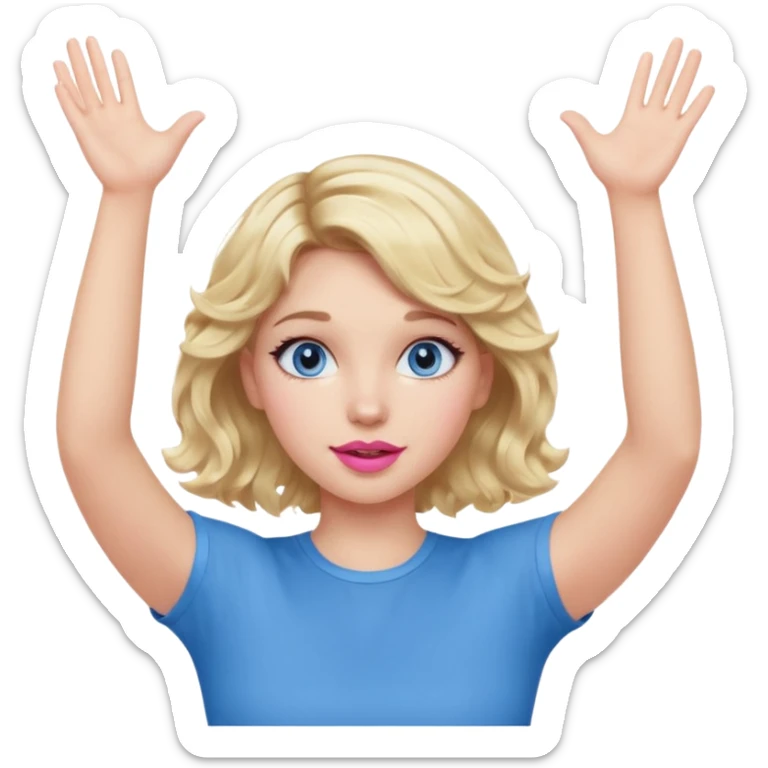 Girl Blonde short wavy hair,  blue eyes, cute blue top, long lashes, pink lips, both hand up in the air  sticker
