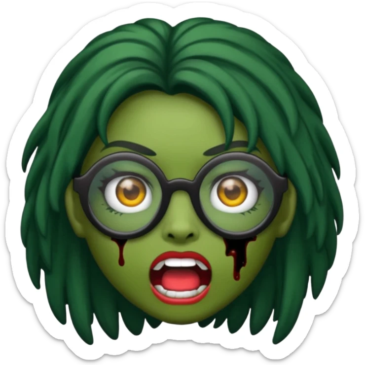 crie um emoji de zumbi feminino, com pele verde, óculos preto e cabelos pretos longos sticker