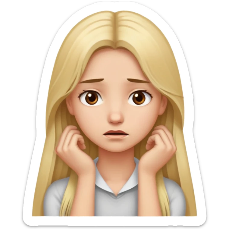 long blonde haired girl with brown eyes upset face with her arms holding her neck sticker