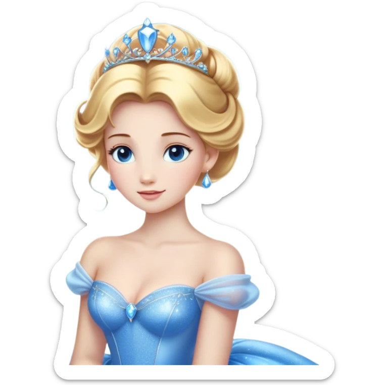 Cinematic Stunning Cinderella Portrait Emoji, Radiant in her sparkling blue ball gown, golden hair in a perfect updo, soft blue eyes full of wonder, glistening tiara, glowing with an ethereal beauty, regal yet kind, a dreamlike aura surrounds her, capturing the essence of a fairy tale princess, elegant and breathtaking! sticker