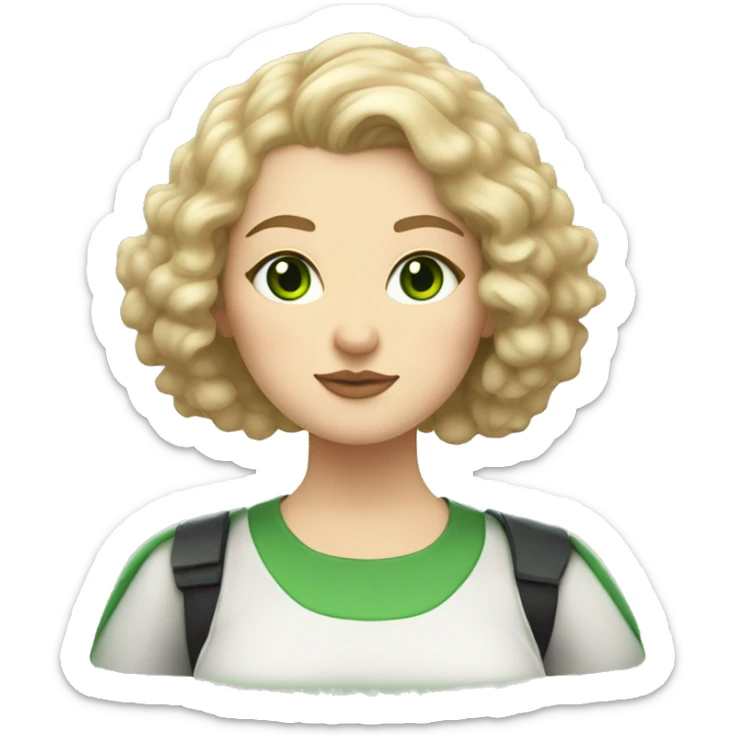 Blonde, chubby, pale woman with green eyes and curly hair and Star Wars shirt and a tabby cat sticker