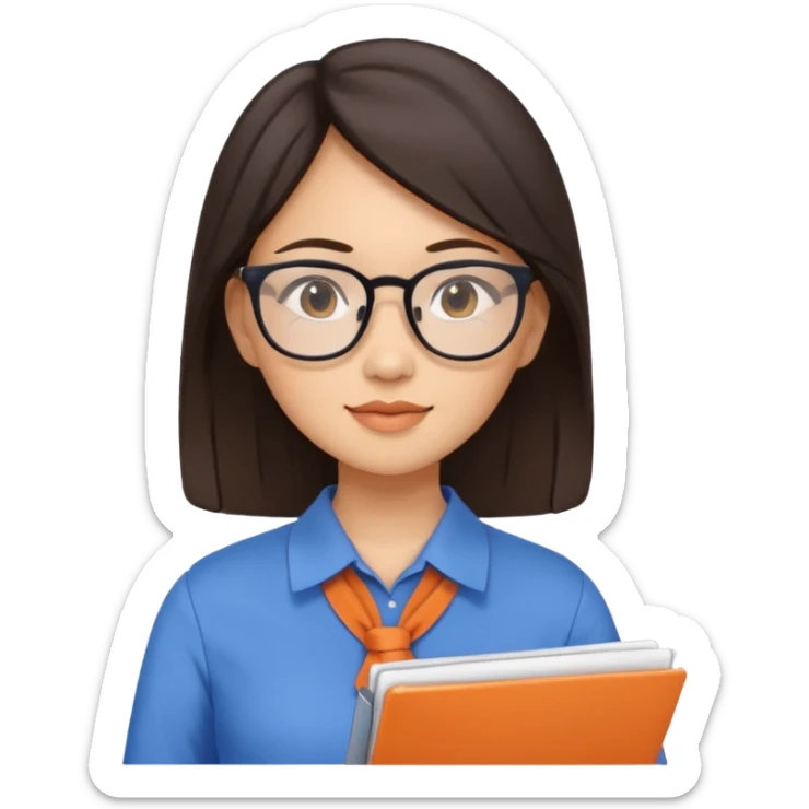 An asian brunette woman teacher with papers and laptop wearing glasses in blue and orange shirt sticker