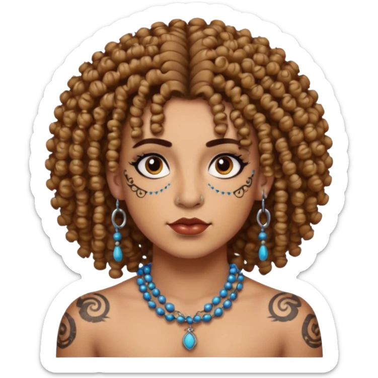 curly haired and heavy face tattoed person with a unique face and style, beads in hair sticker